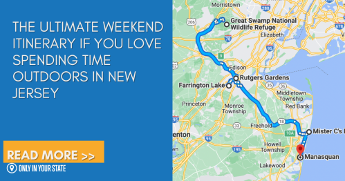 Map highlighting a weekend itinerary for outdoor activities in New Jersey, featuring locations like Great Swamp and Manasquan.