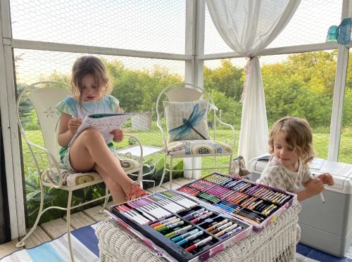 Two young girls are coloring with markers on a porch, surrounded by greenery and a cozy atmosphere.