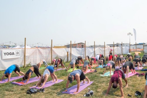 A large group of people practicing yoga outdoors on colorful mats in a grassy area.