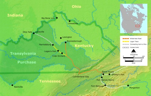 Map of Kentucky and surrounding states, highlighting trails, forts, and key locations in the region.