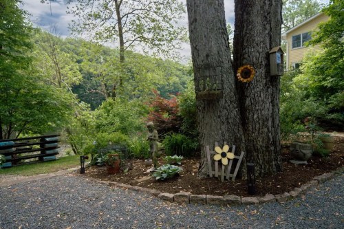 A serene garden scene with a large tree, colorful flowers, and decorative elements, surrounded by lush greenery.