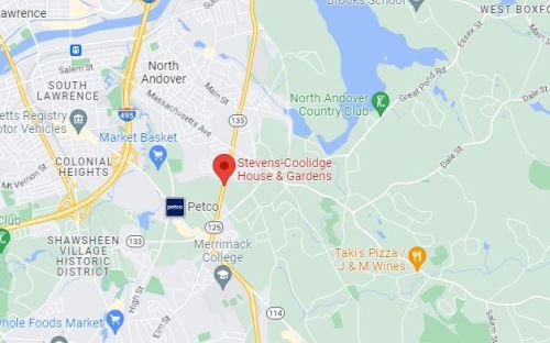 Map showing the location of Stevens-Coolidge House & Gardens near North Andover, Massachusetts.
