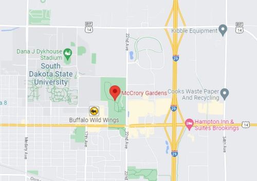 Map showing McCrory Gardens near South Dakota State University, with nearby landmarks and roads highlighted.