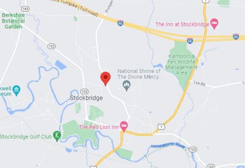 Map showing Stockbridge, Massachusetts, with notable locations like the National Shrine of The Divine Mercy and nearby inns.