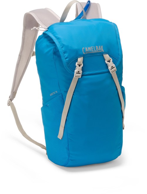 A bright blue CamelBak backpack with adjustable straps and a front pocket, designed for outdoor activities.