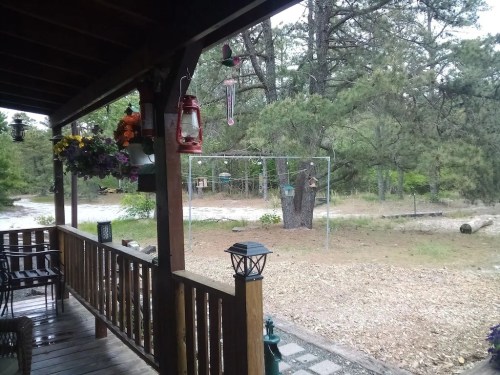 A porch view with hanging flowers, lanterns, and a grassy yard surrounded by trees, under a cloudy sky.