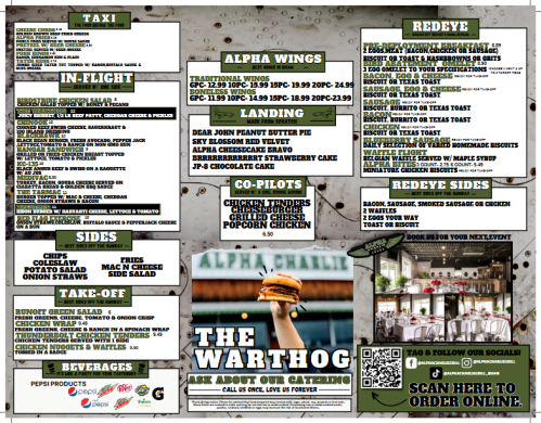 Menu for a restaurant featuring sections for wings, burgers, sides, and beverages, with prices and QR code for online ordering.