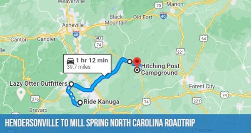 Map showing a route from Hendersonville to Mill Spring, North Carolina, with a destination at Hitching Post Campground.