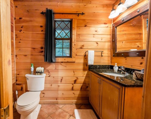 Cozy wooden bathroom featuring a toilet, sink with dark countertop, mirror, and a window with a curtain.