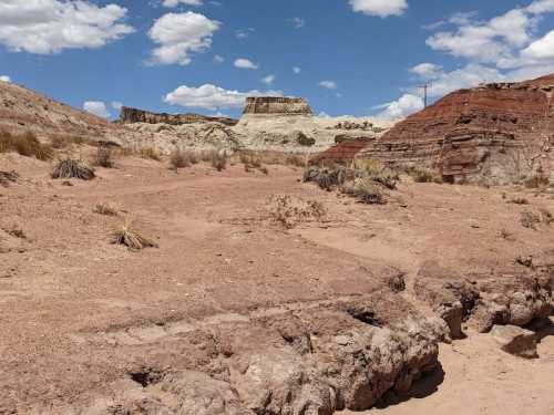 A dry, rocky landscape with sparse vegetation under a blue sky with fluffy clouds.