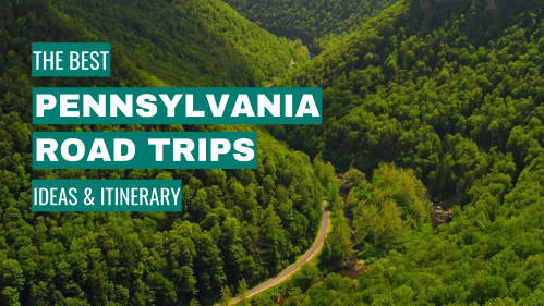 A scenic view of lush green hills and a winding road, promoting the best Pennsylvania road trip ideas and itinerary.