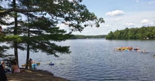 A serene lake scene with people swimming and kayaking, surrounded by trees and a clear blue sky.