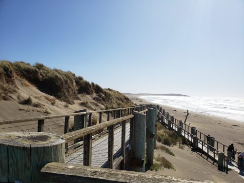A wooden walkway leads to a sandy beach with gentle waves and grassy dunes under a clear blue sky.
