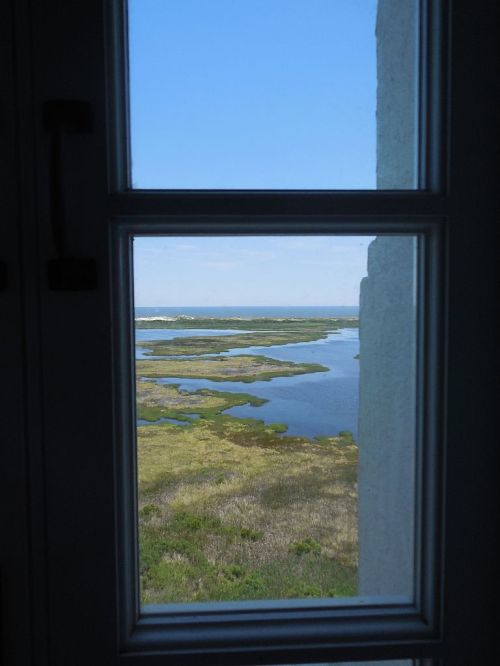 View of a serene marshland and waterway through a window, with blue skies above and greenery below.