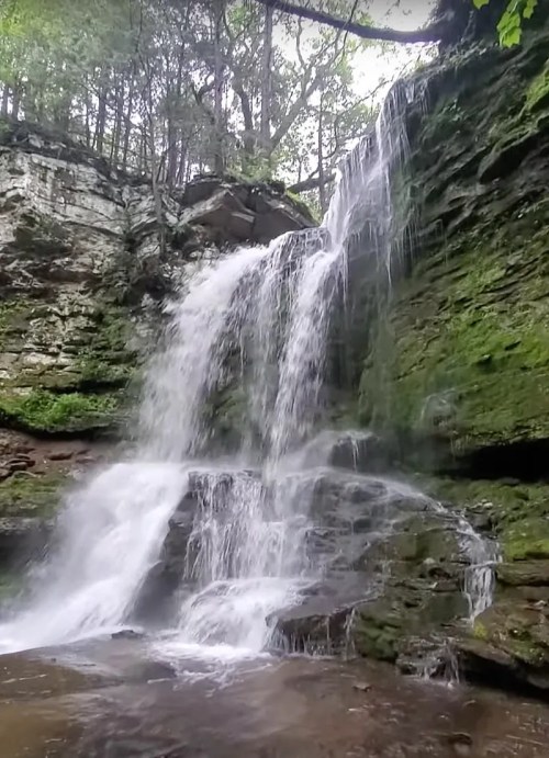 A serene waterfall cascading over mossy rocks, surrounded by lush greenery and trees.