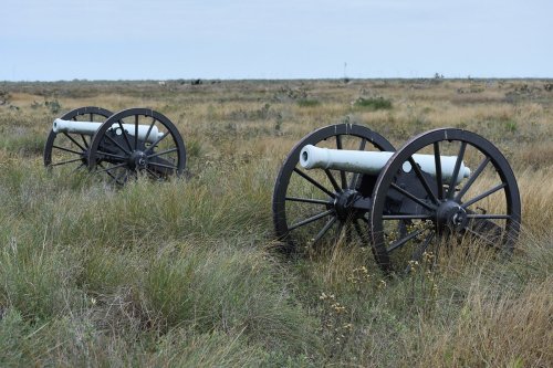 Two historical cannons on wheels sit in a grassy field under a cloudy sky.