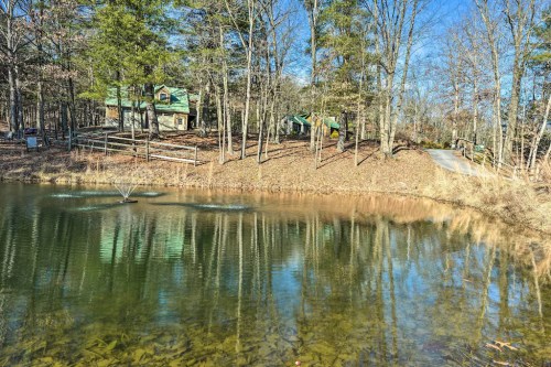 A serene pond reflects trees and a house in a wooded area, with a clear blue sky above.