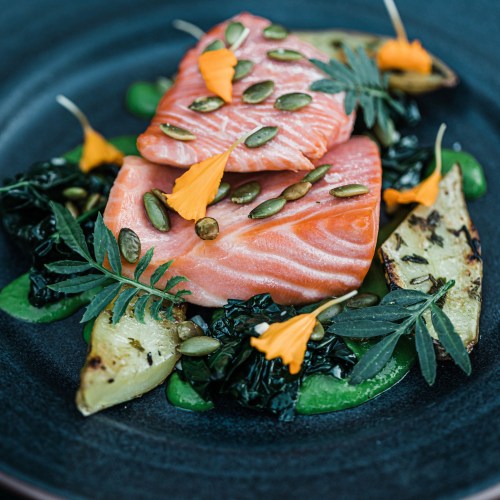 A beautifully plated dish featuring salmon, greens, and garnishes like edible flowers and seeds on a dark plate.