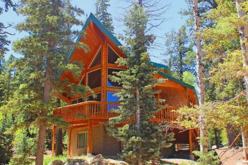 A wooden A-frame cabin surrounded by tall pine trees in a sunny forest setting.