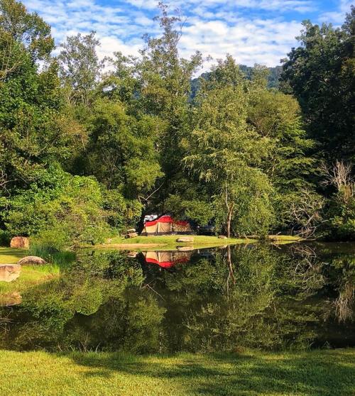 A serene campsite by a calm lake, surrounded by lush greenery and trees, with a red tent reflecting in the water.