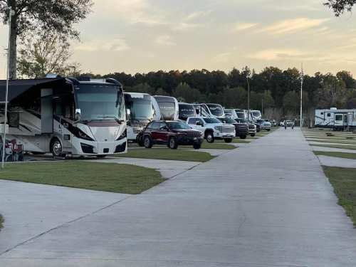 A row of parked RVs and vehicles along a paved path in a campground, with trees in the background.