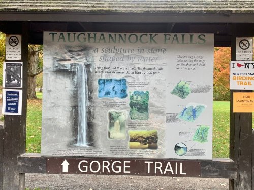 Sign for Taughannock Falls, detailing its history and features, with images and text about the gorge trail.