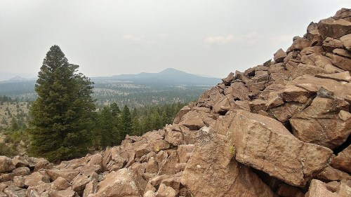 Rocky terrain with scattered boulders, a lone tree, and a distant mountain under a hazy sky.