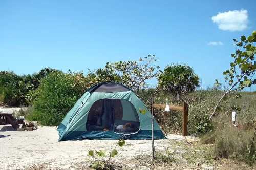 A green tent set up on a sandy campsite surrounded by greenery and blue sky.