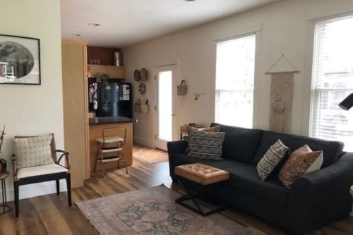 Cozy living room with a dark sofa, decorative pillows, and a small kitchen area in a bright, inviting space.