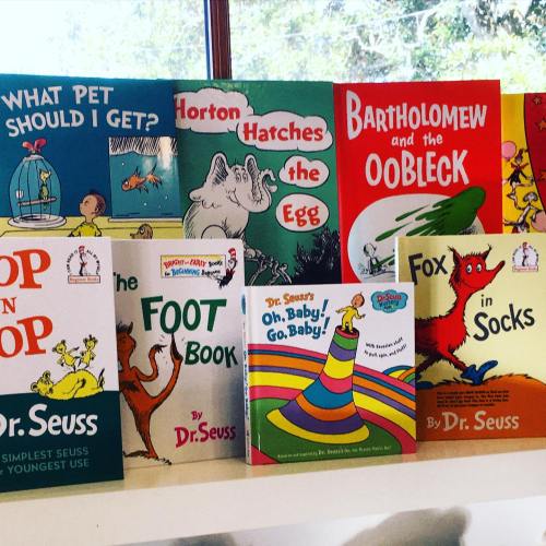 A collection of Dr. Seuss books displayed on a shelf, including titles like "Horton Hatches the Egg" and "Fox in Socks."