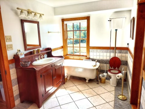 Bright bathroom featuring a vintage bathtub, wooden vanity, and a window with scenic views.
