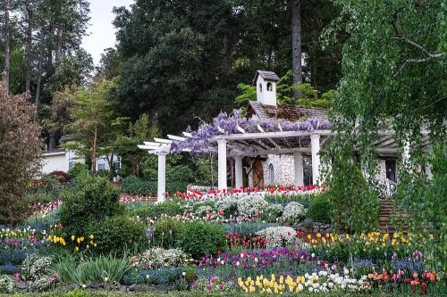 A vibrant garden filled with colorful flowers surrounds a charming cottage under a canopy of trees.