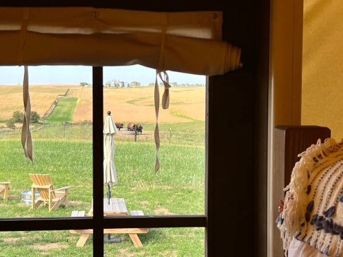 View from a window showing a green field, a patio with chairs, and distant cows grazing on a hillside.