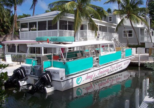 A colorful boat docked by a tropical waterfront house surrounded by palm trees.