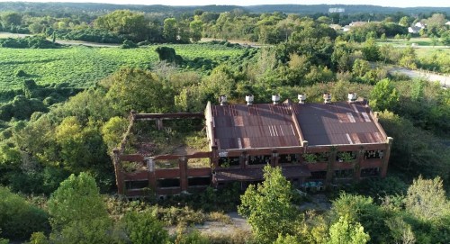 Aerial view of an abandoned building surrounded by overgrown trees and greenery, with a distant landscape in the background.