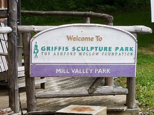 Sign welcoming visitors to Griffis Sculpture Park, part of the Ashford Hollow Foundation, located in Mill Valley Park.
