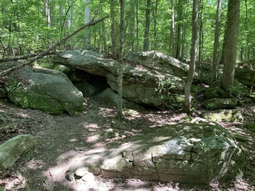 A forest scene featuring large rocks and boulders surrounded by green trees and a dirt path.