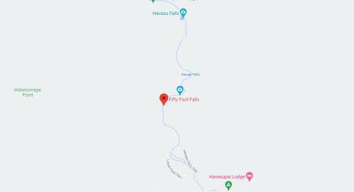 Map showing the location of Fifty Foot Falls near Havasu Falls, with nearby points of interest marked.