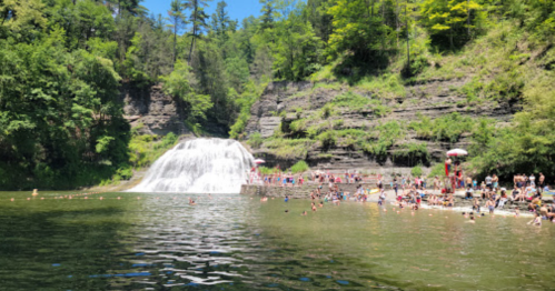 A sunny day at a waterfall with people swimming and relaxing by the water, surrounded by lush greenery.