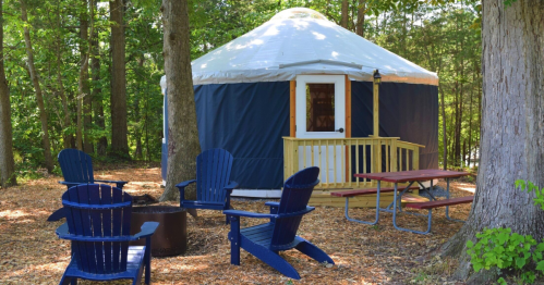 A cozy yurt surrounded by trees, with blue chairs and a picnic table in front, set in a natural outdoor setting.