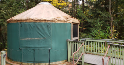 A green yurt with a tan roof, surrounded by trees, with a wooden deck leading to its entrance.