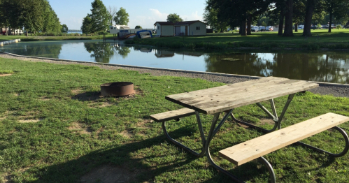 A picnic table by a calm pond, surrounded by grass and trees, with a small building in the background.