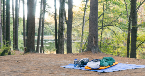 A campsite with a blue tarp, sleeping bags, and a water bottle, surrounded by trees near a calm lake.