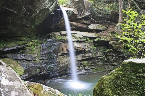 A serene waterfall cascades over rocky cliffs into a tranquil pool, surrounded by lush greenery and moss-covered stones.