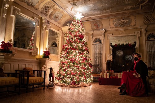 A beautifully decorated Christmas tree with lights and ornaments in an elegant room, featuring a person in a red dress.