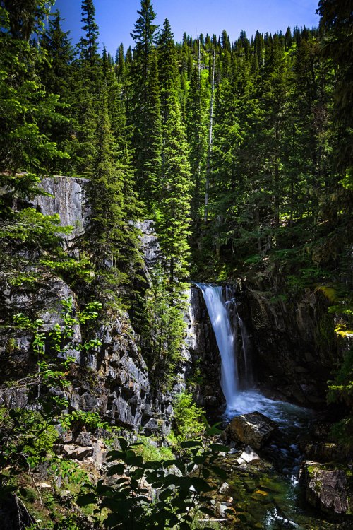 A serene waterfall cascades through lush green trees and rocky terrain under a clear blue sky.