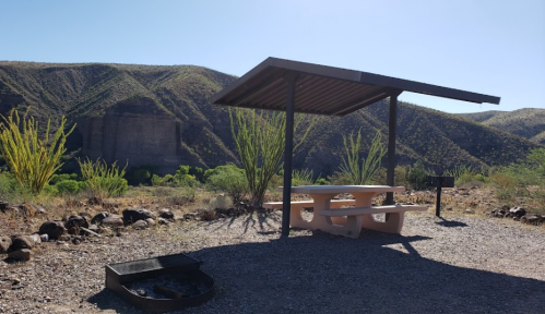 A picnic area with a shaded table and grill, surrounded by desert landscape and mountains in the background.
