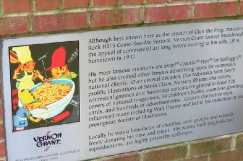 Text on a plaque about Vernon Grant, highlighting his work as an illustrator and creator of Snap! Crackle! Pop! for Kellogg's.