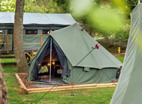 A green tent set up in a grassy area, surrounded by trees and other tents in the background.