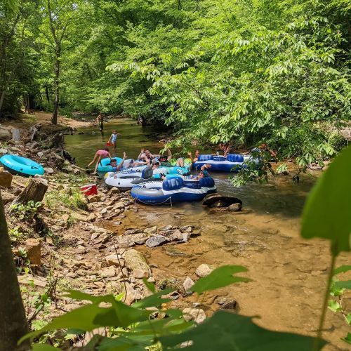 A group of people enjoying a sunny day floating on inflatable rafts in a lush, green forested creek.